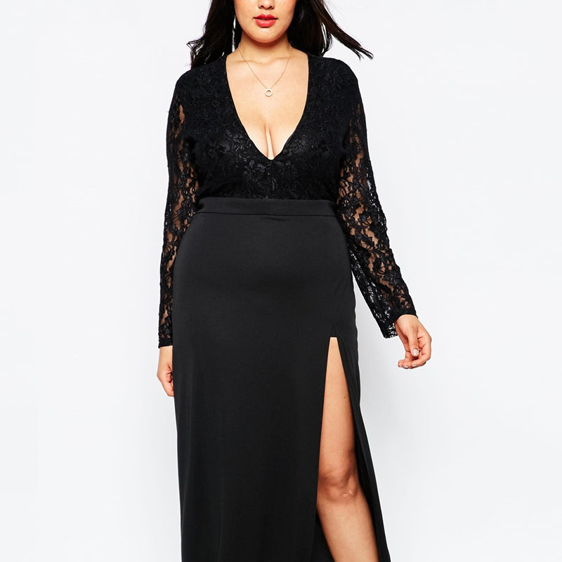 Plus Size Side Slit Lace Dress V-Neck Sexy Midi Dress Skirt