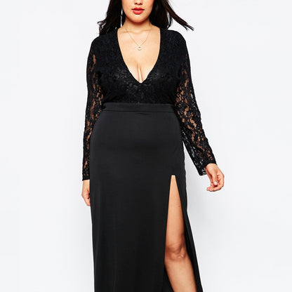 Plus Size Side Slit Lace Dress V-Neck Sexy Midi Dress Skirt