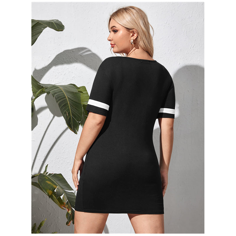 Color-Blocked Short Sleeve Dress Plus Size Chest Cutout Hip Skirt