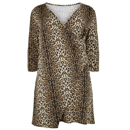 New Sexy Crossover V-Neck Leopard Print Dress Women's Plus Size