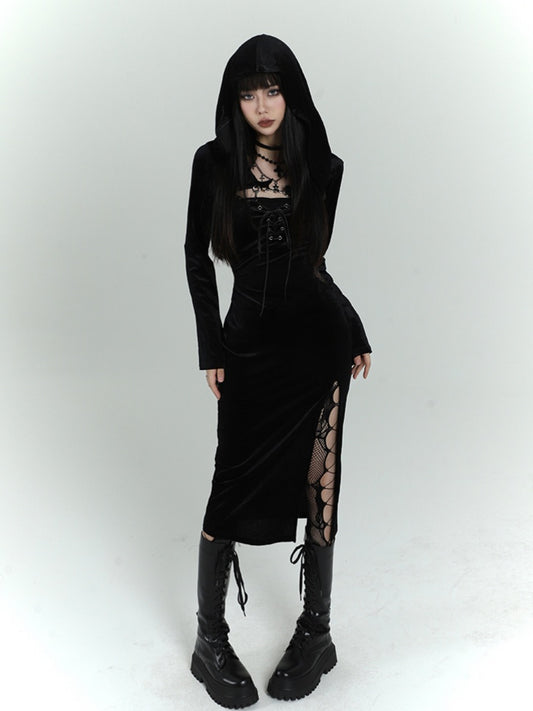Gothic Black Velvet Lace-up Detail Cami Dress+Bell Sleeves Hooded Shrug Set