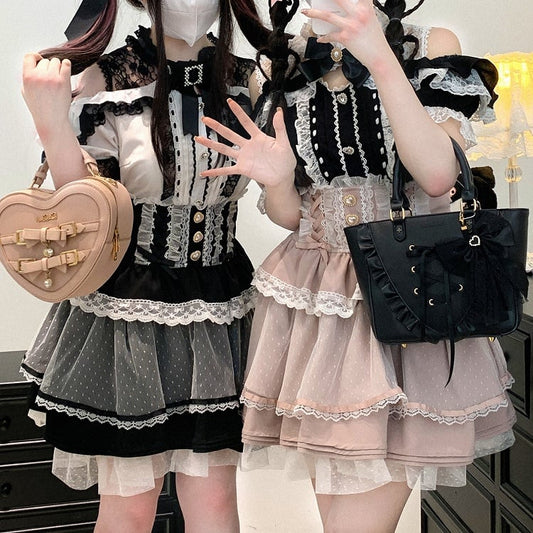 Black/Pink/Blue High Waist Sweetheart Buttons Lace Trim Jirai Kei Tiered Skirt