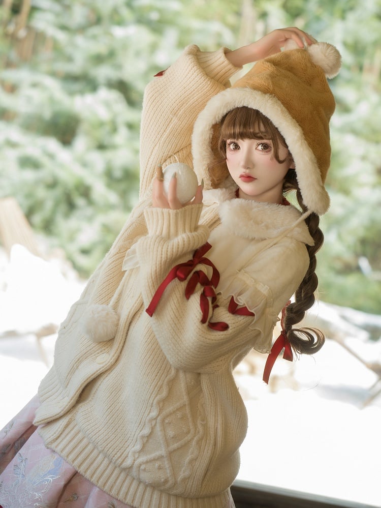 White Cozy Plush Collar Creamy Sweater Winter Cardigan