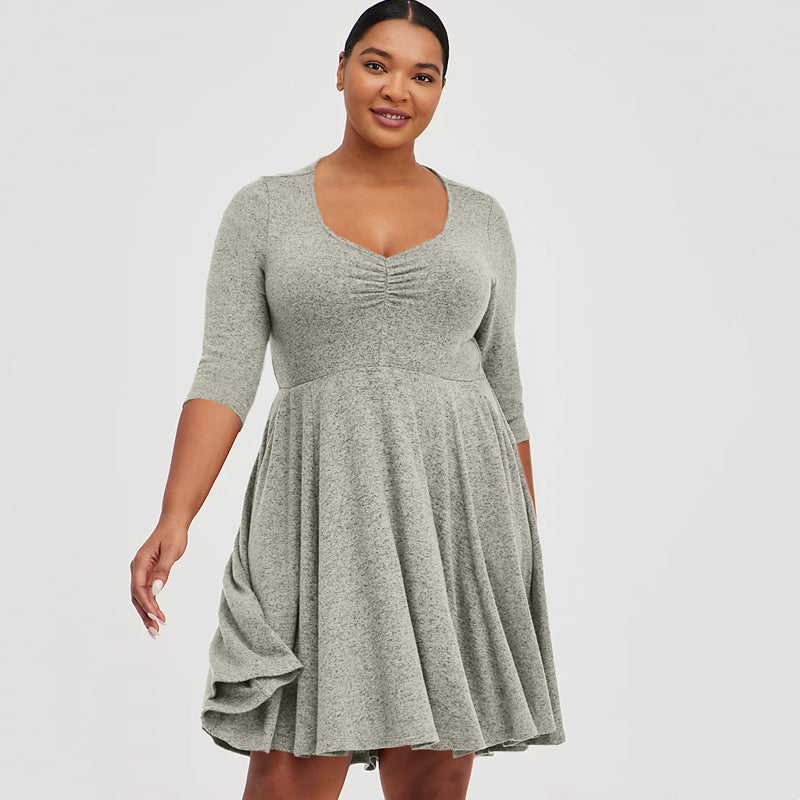 Autumn New Five-Quarter Sleeve Pleated V-Neck A-Line Skirt