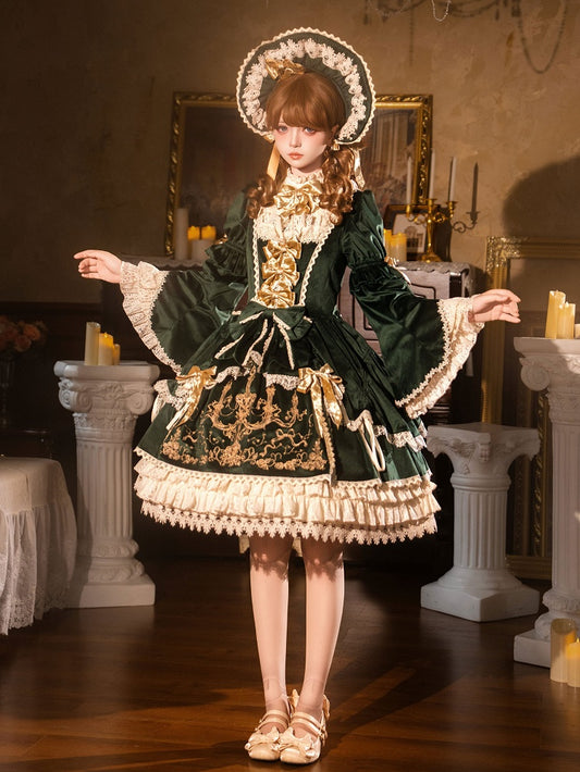Candle and Candlestick Embroidery Green Bell Sleeves Velvet Dress Lolita OP / Set