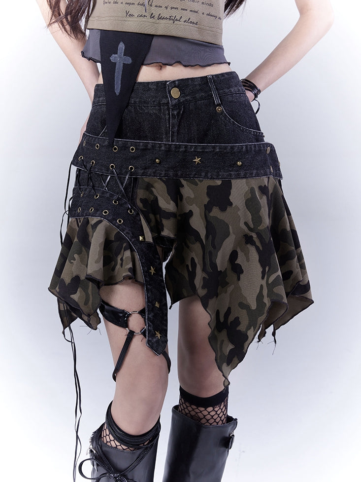 Camo Handkerchief Hem Low Waist Lace-up Detail Distressed Denim Skort