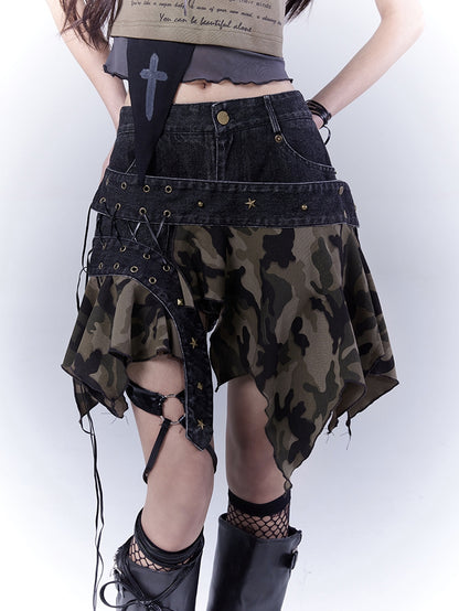 Camo Handkerchief Hem Low Waist Lace-up Detail Distressed Denim Skort