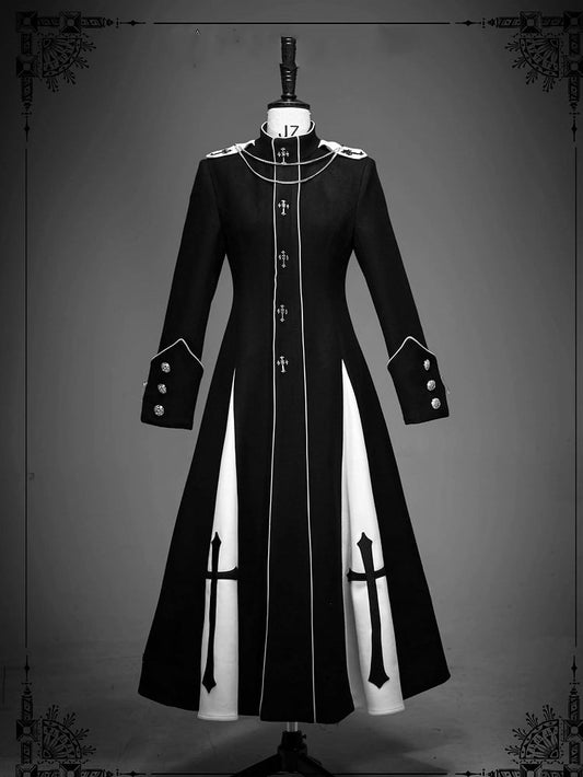 Black and White High Neck Metal Cross Decorated Gothic Woolen Coat