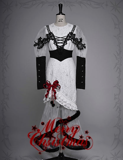 Gothic Christmas Dress Snowflake Print Mermaid Skirt with Plush Hem