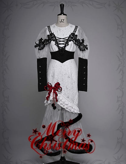 Gothic Christmas Dress Snowflake Print Mermaid Skirt with Plush Hem