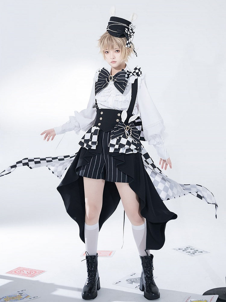 Bunny Theater Chess Pattern Fabric Peplum Swallow Tail Train Corset with Shoulder Straps