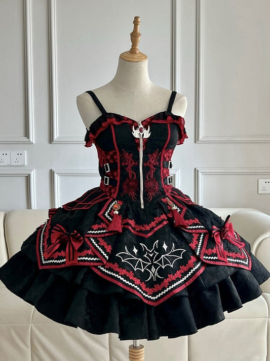 Black and Red Bat and Cross Embroidery Gothic Lolita JSK Zip Front and Buckle Side