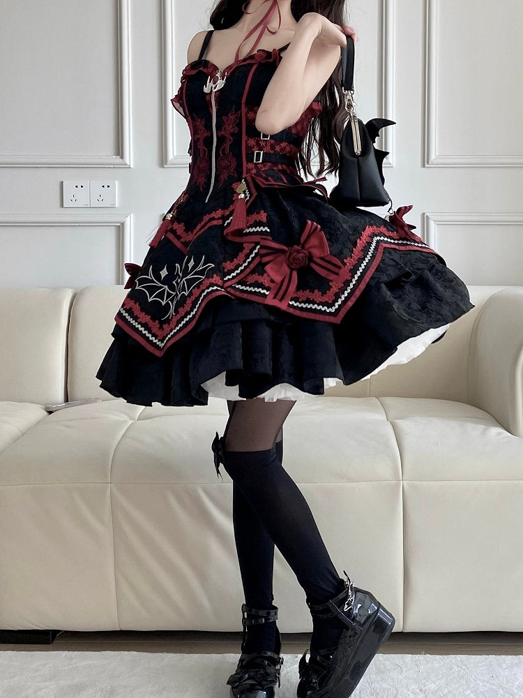 Black and Red Bat and Cross Embroidery Gothic Lolita JSK Zip Front and Buckle Side