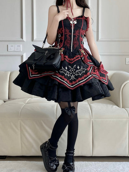 Black and Red Bat and Cross Embroidery Gothic Lolita JSK Zip Front and Buckle Side