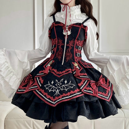 Black and Red Bat and Cross Embroidery Gothic Lolita JSK Zip Front and Buckle Side