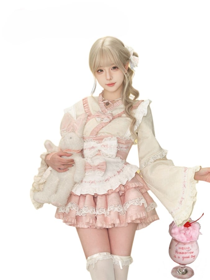 Pink & White Sash Apron with Lace Trim and Bow Accents