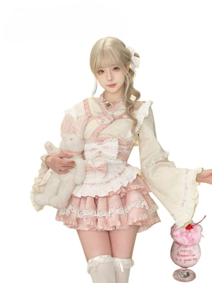 Pink & White Sash Apron with Lace Trim and Bow Accents