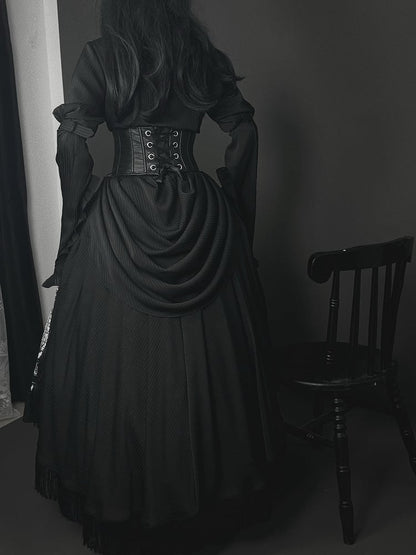 Plus Sizes Available Dark Gothic Lolita Full Set - Black Long Sleeves Shirt + Skirt + Corset Belt