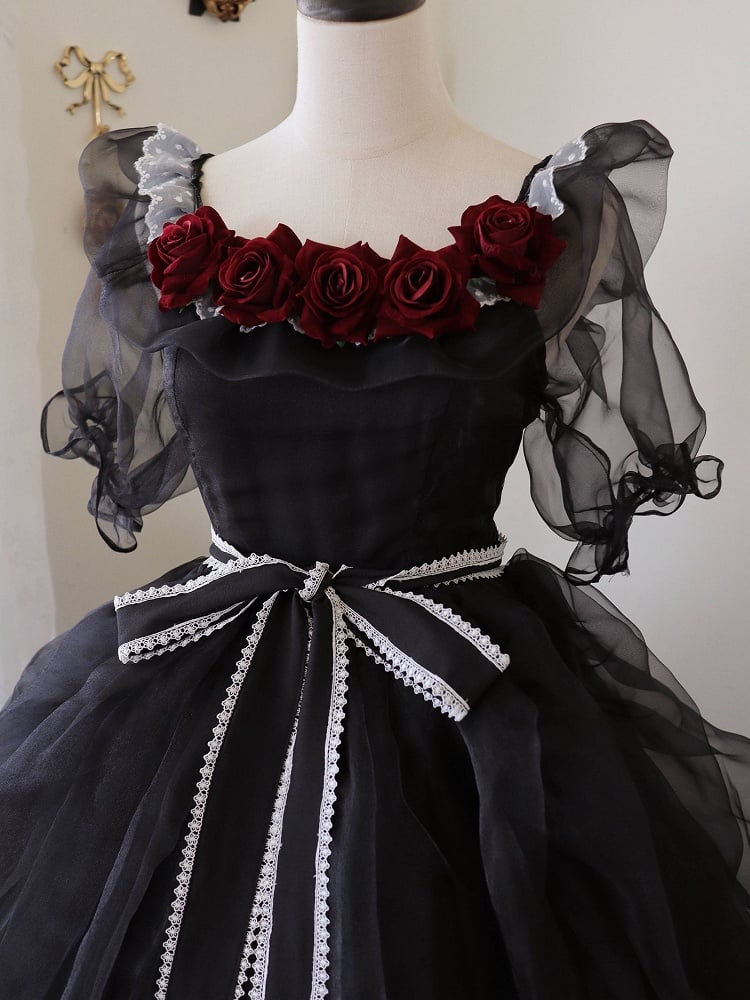 Plus Size Friendly Princess Appointment Black Rose Design Off-the-shoulder Short Sleeves One Piece