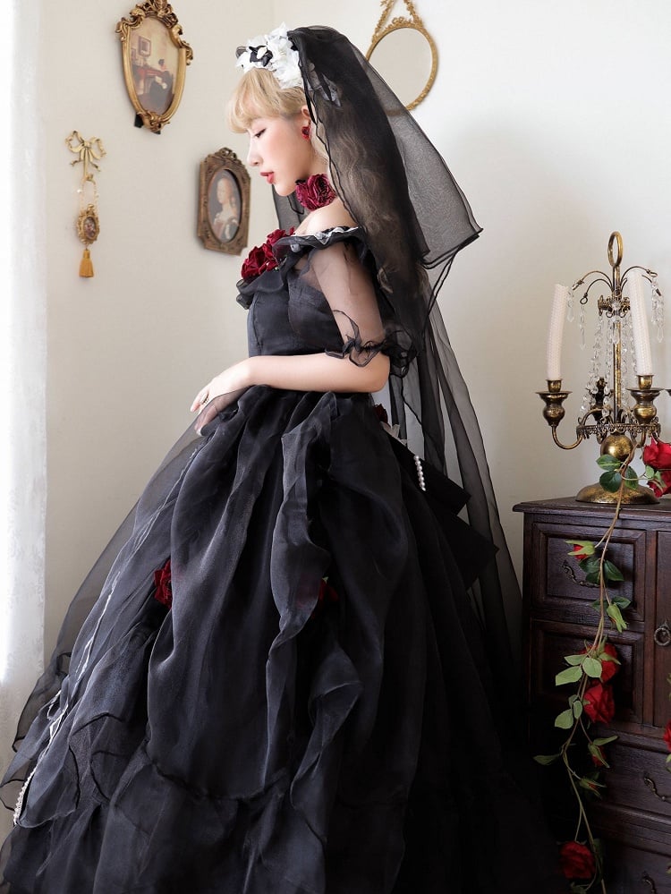 Clearance-Size XXL for Bust 117CM Princess Appointment Black Rose Design Off-the-shoulder Short Sleeves One Piece Full Set