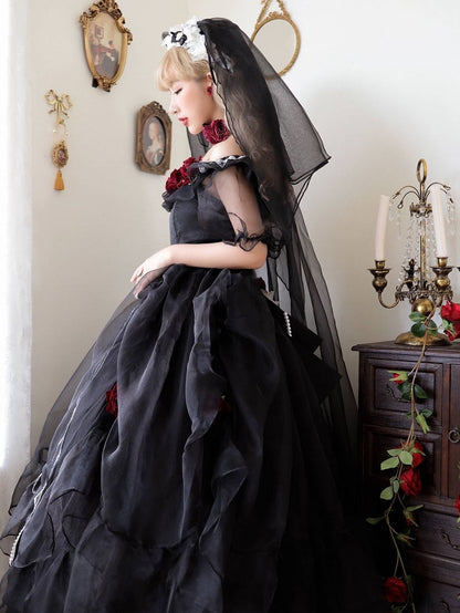 Plus Size Friendly Princess Appointment Black Rose Design Off-the-shoulder Short Sleeves One Piece