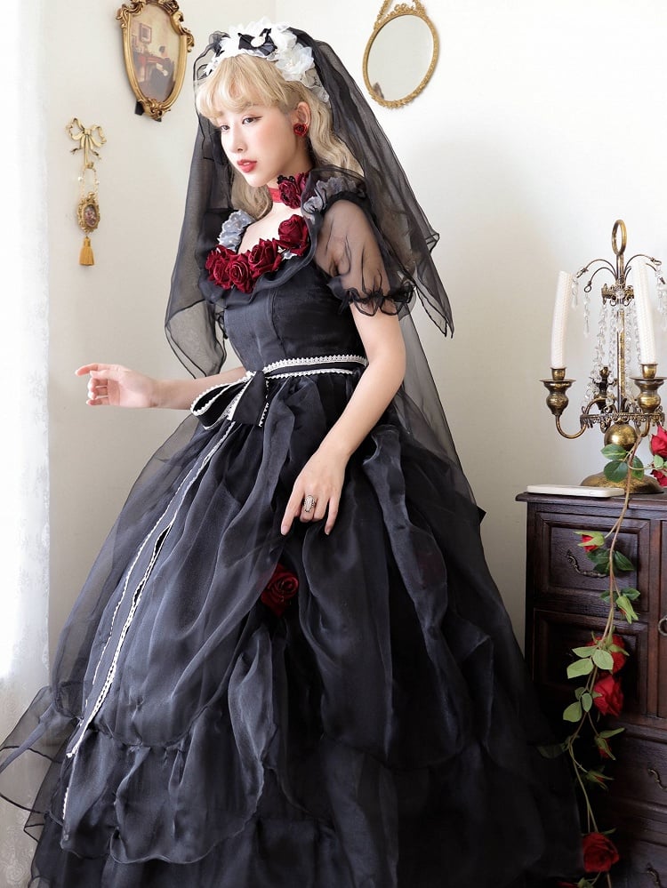 Clearance-Size XXL for Bust 117CM Princess Appointment Black Rose Design Off-the-shoulder Short Sleeves One Piece Full Set