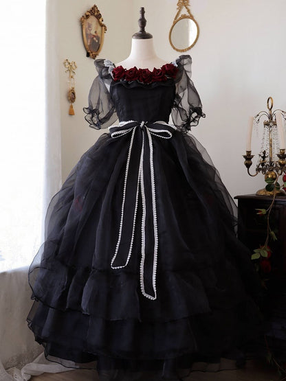 Clearance-Size XXL for Bust 117CM Princess Appointment Black Rose Design Off-the-shoulder Short Sleeves One Piece Full Set