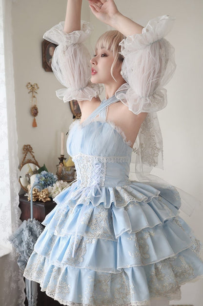 Plus Size Friendly Blue Tiered Ruffle Skirt Hime Jumper Skirt