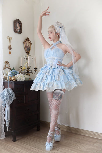 Plus Size Friendly Blue Tiered Ruffle Skirt Hime Jumper Skirt