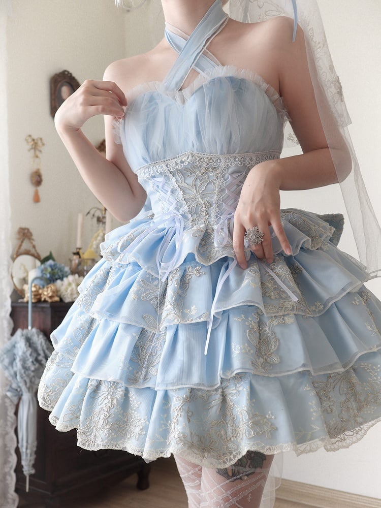 Plus Size Friendly Blue Tiered Ruffle Skirt Hime Jumper Skirt