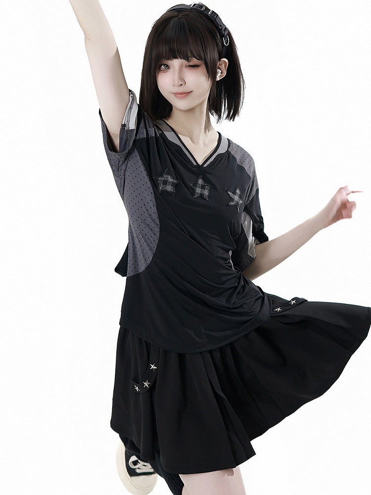 Black Elastic Waist Star Studs Skirt Long/Short Version