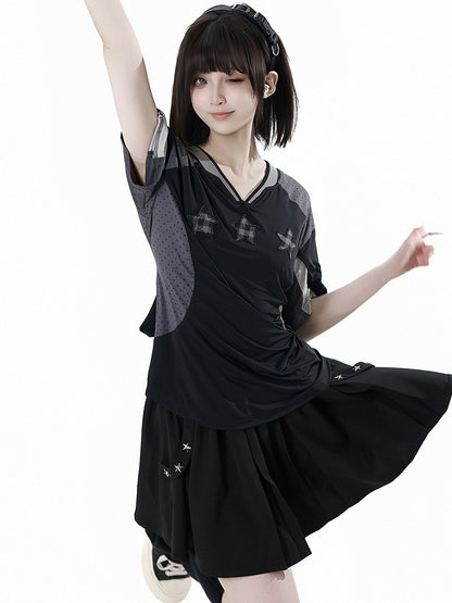 Black Elastic Waist Star Studs Skirt Long/Short Version