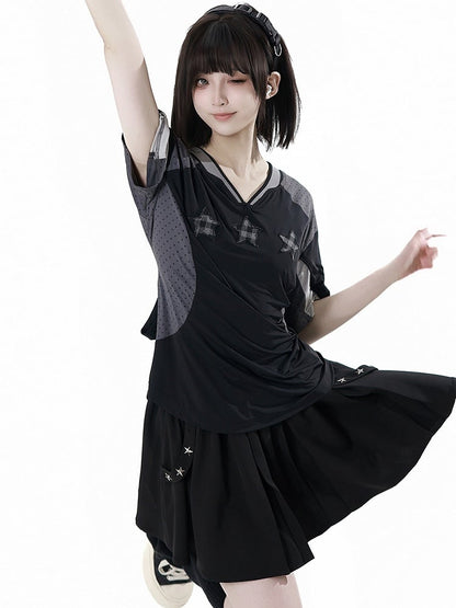 Black/Gray Colorblock Design Plaid Star Appliques V-neck Sports T-shirt