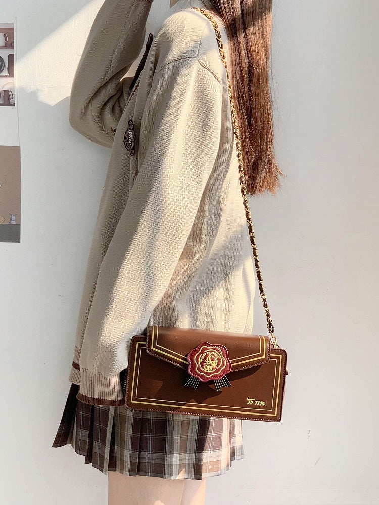 Rose Design Brown Envelope Shaped Crossbody Ita Bag