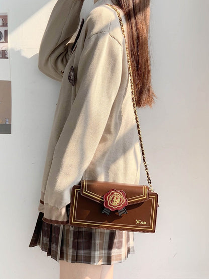 Rose Design Brown Envelope Shaped Crossbody Ita Bag