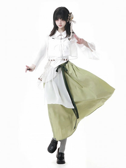 Green Cheongsam Style Elastic Waist Long Skirt with Waist Belt