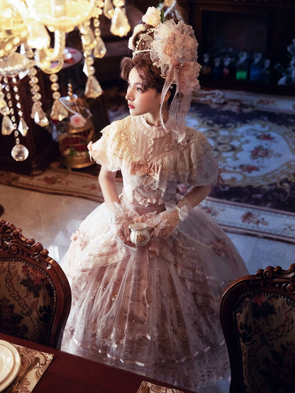 In Stock Sunset Scene Nature Waist Bowknot Details Embroidery Short Sleeves Hime One Piece Full Set