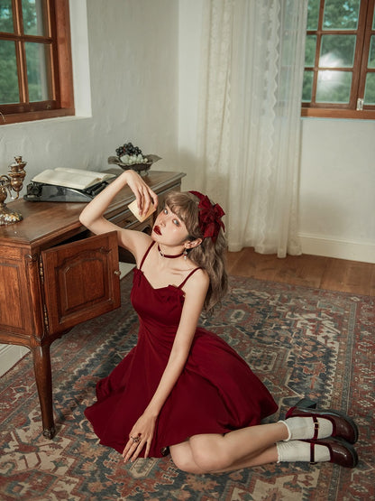 Red Elegant Slim Fit Waist Spaghetti Straps Dress