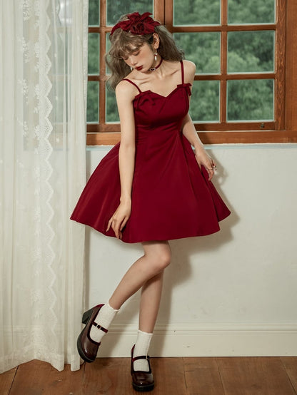 Red Elegant Slim Fit Waist Spaghetti Straps Dress