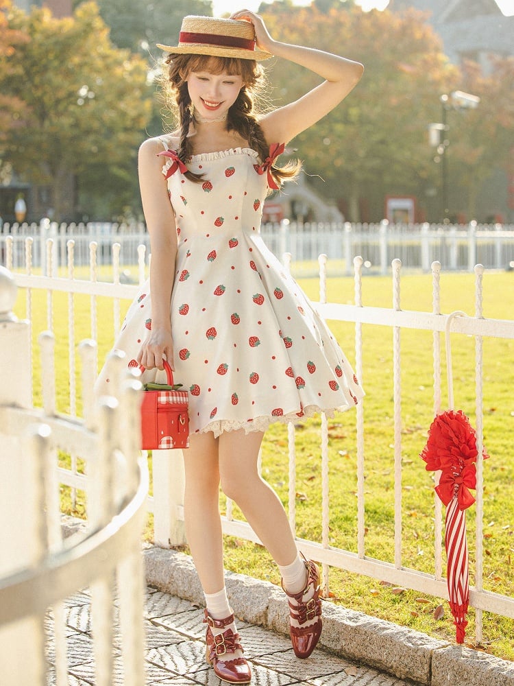 Summer Strawberry and Polka Dots Print Sun Dress White Sweet Lolita JSK