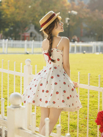 Summer Strawberry and Polka Dots Print Sun Dress White Sweet Lolita JSK