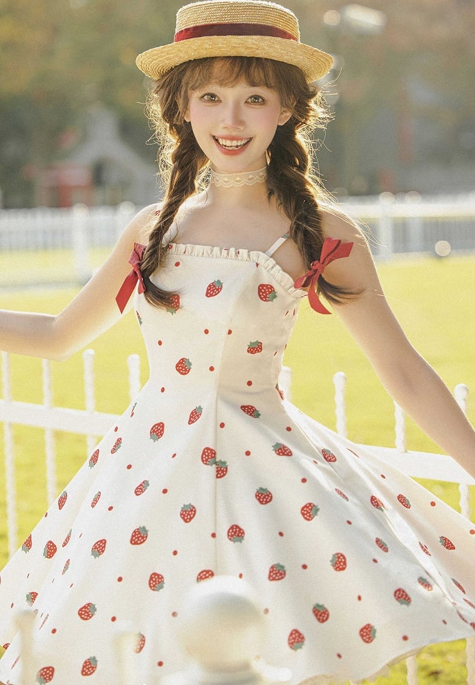Summer Strawberry and Polka Dots Print Sun Dress White Sweet Lolita JSK