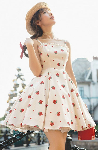 Summer Strawberry and Polka Dots Print Sun Dress White Sweet Lolita JSK