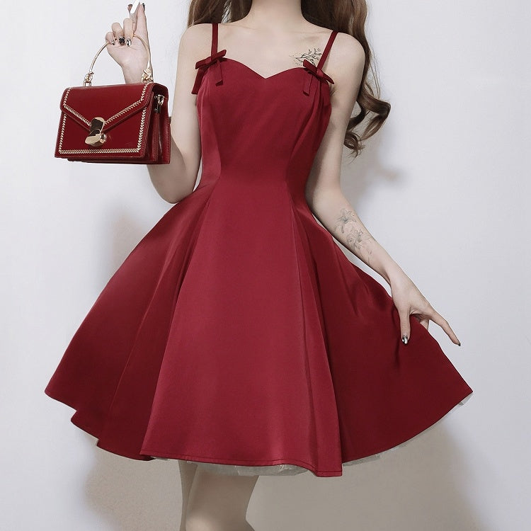 Red Elegant Slim Fit Waist Spaghetti Straps Dress