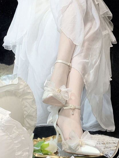 Clearance - Size 37 Rhinestone Decorated White 5CM Ankle Strap High Heels