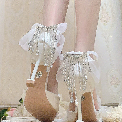 Clearance - Size 37 Rhinestone Decorated White 5CM Ankle Strap High Heels