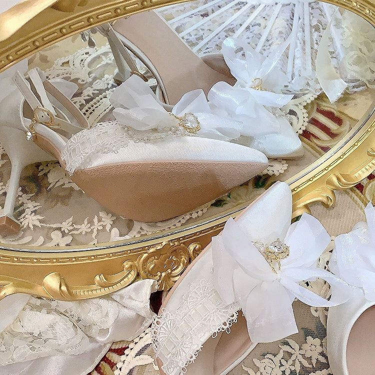 Clearance - Size 37 Rhinestone Decorated White 5CM Ankle Strap High Heels