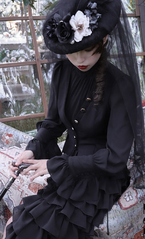 Black Flounce Cuffs Vintage Blouse Bishop Sleeves