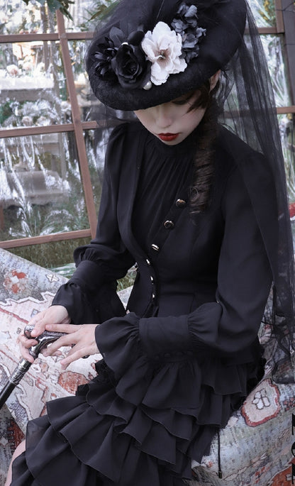 Black Flounce Cuffs Vintage Blouse Bishop Sleeves