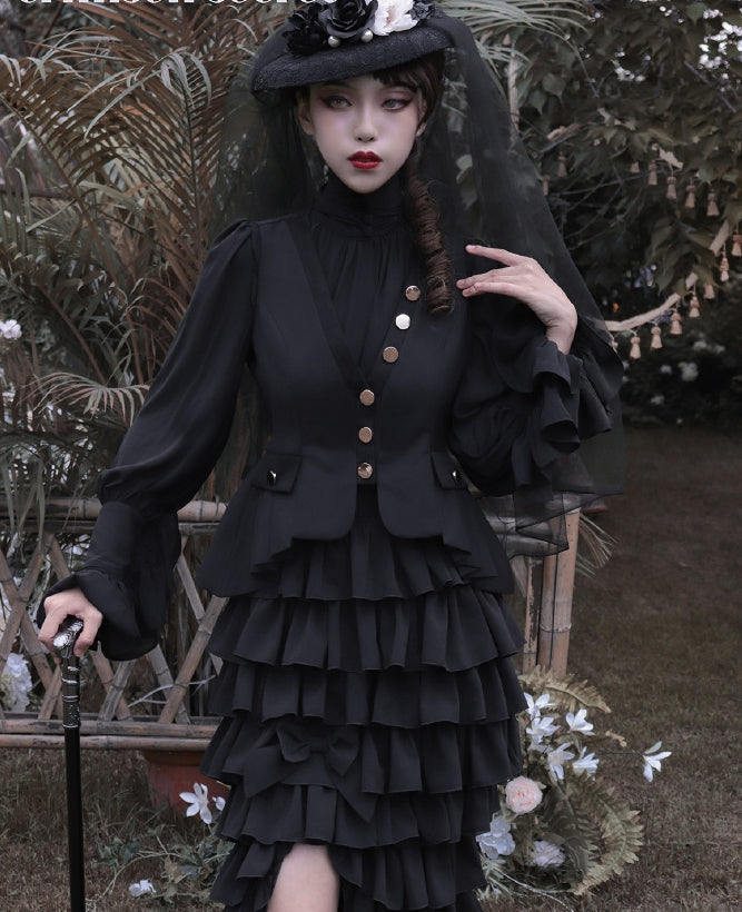 Black Flounce Cuffs Vintage Blouse Bishop Sleeves